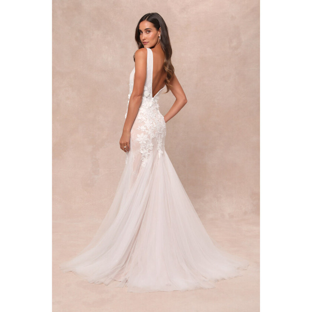 Lulus Exceptional Vow White Tulle Lace Applique Mermaid Maxi Dress - Size XL